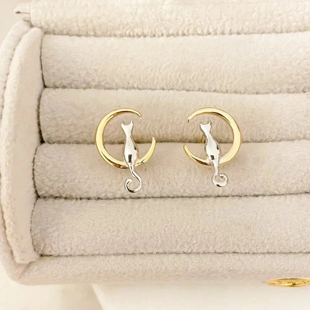 925 Sterling Silver  Cat Studs Cat Earrings Two Tone Earrings Moon & Cat Studs